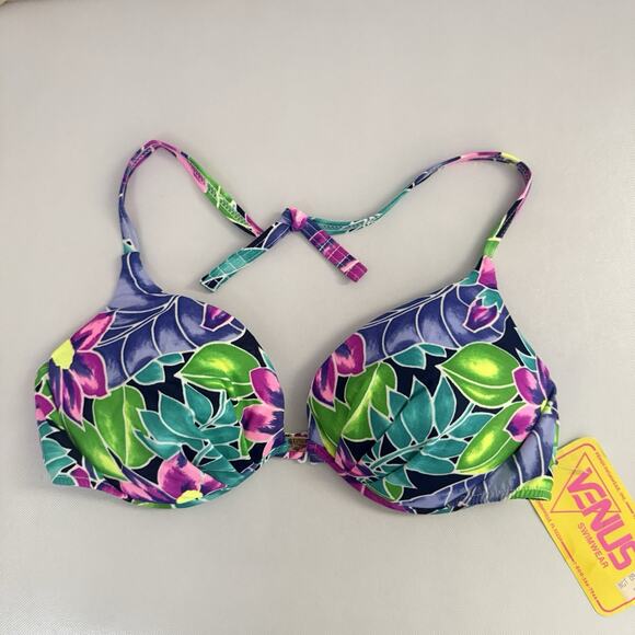 NWT Vintage Venus Flower Leaves Tropical USA Padded Bikini Top 80’s 90’s Sz DD - Picture 1 of 6